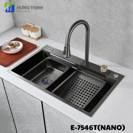 CHẬU RỬA CHÉN INOX 1 HỘC KÈM VÒI DÂY RÚT XẢ THÁC E-7546T(NANO)
