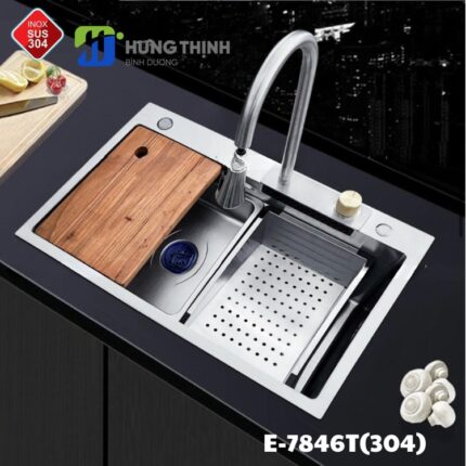 CHẬU RỬA CHÉN INOX 1 HỘC KÈM VÒI DÂY RÚT XẢ THÁC E-7846T(304)